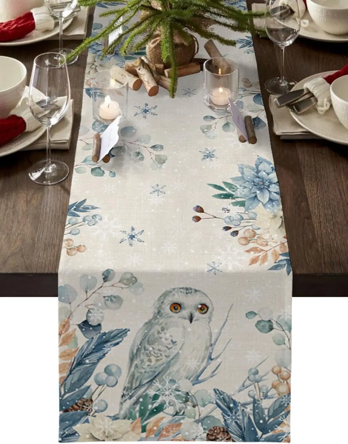 Linen Table Runner - Christmas Owl Eucalyptus Leaves Linen Table