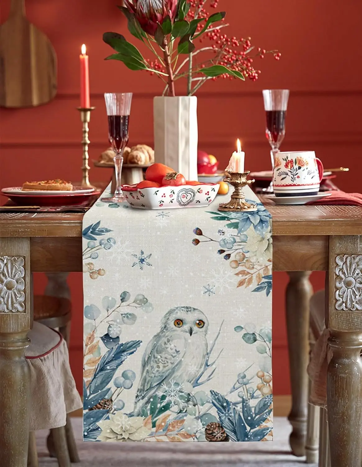 Christmas Owl Eucalyptus Leave - огляд і ціна Linen Table Runner
