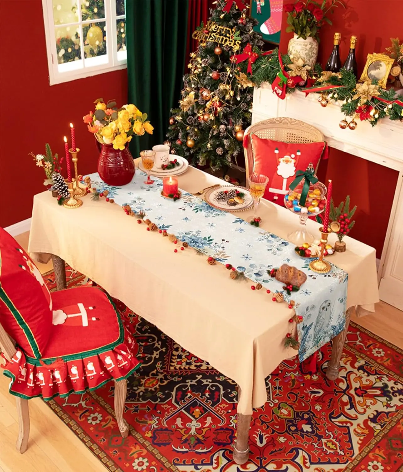 Christmas Owl Eucalyptus Leave - огляд і ціна Linen Table Runner